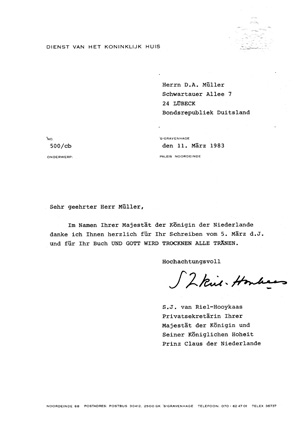 Dankesschreiben der Königin der Niederlande